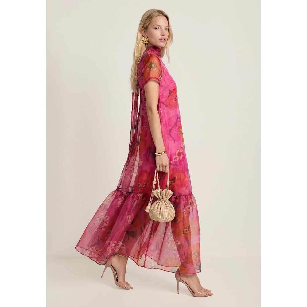 CAARA Melody Pink Floral Sheer Organza Tiered Maxi Dress Mock Neck Tie Back M